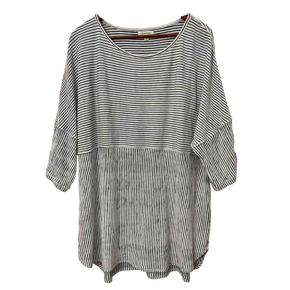 Max Studio Striped Tunic Top 3X Black White Round Neck 3/4 Sleeve